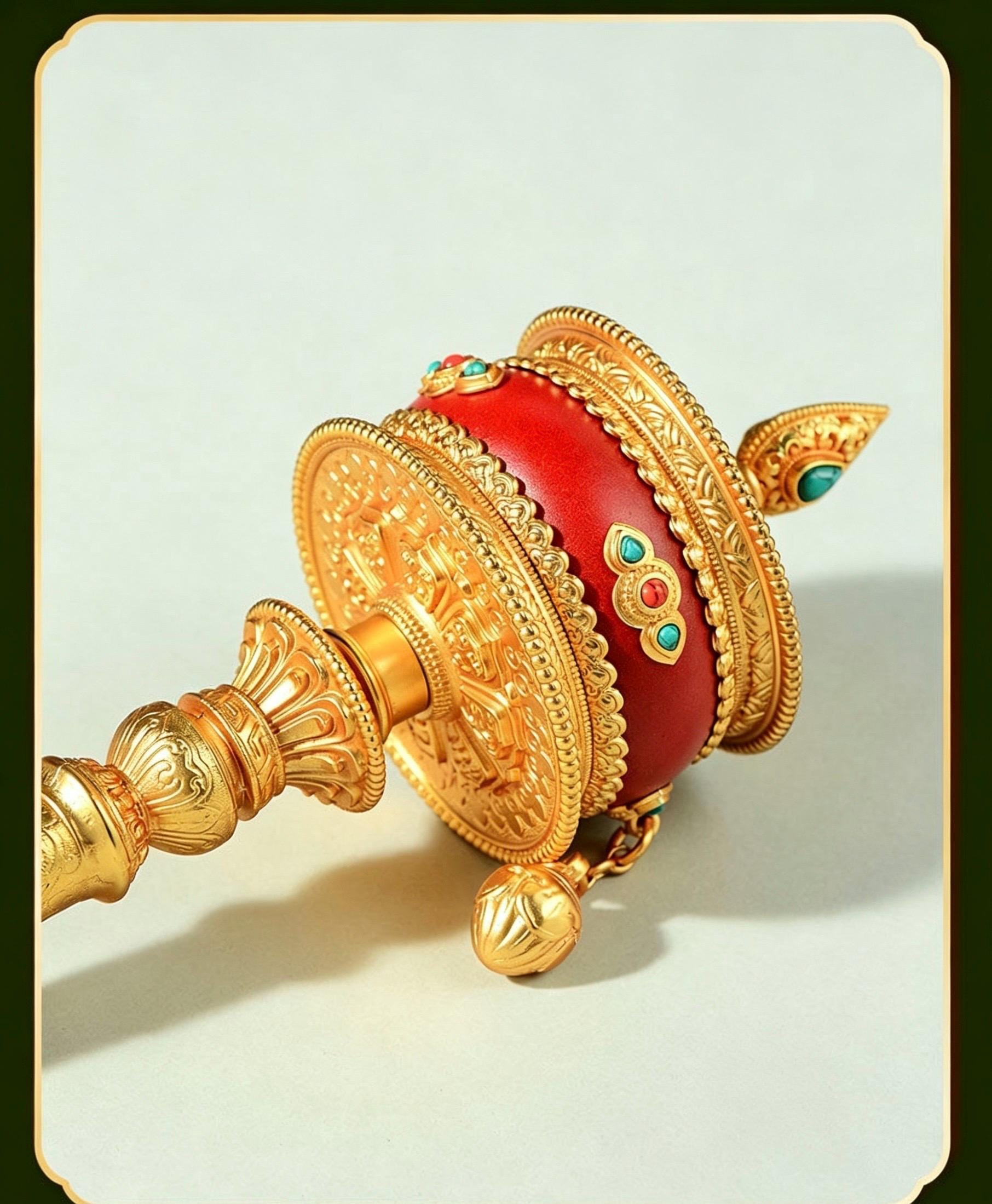 Tibetan Prayer Wheel Handheld Dzi Bead Mani Wheel Buddhist Meditation Red Leather Hand Cranked Prayer Roller Tabletop Altar Decor