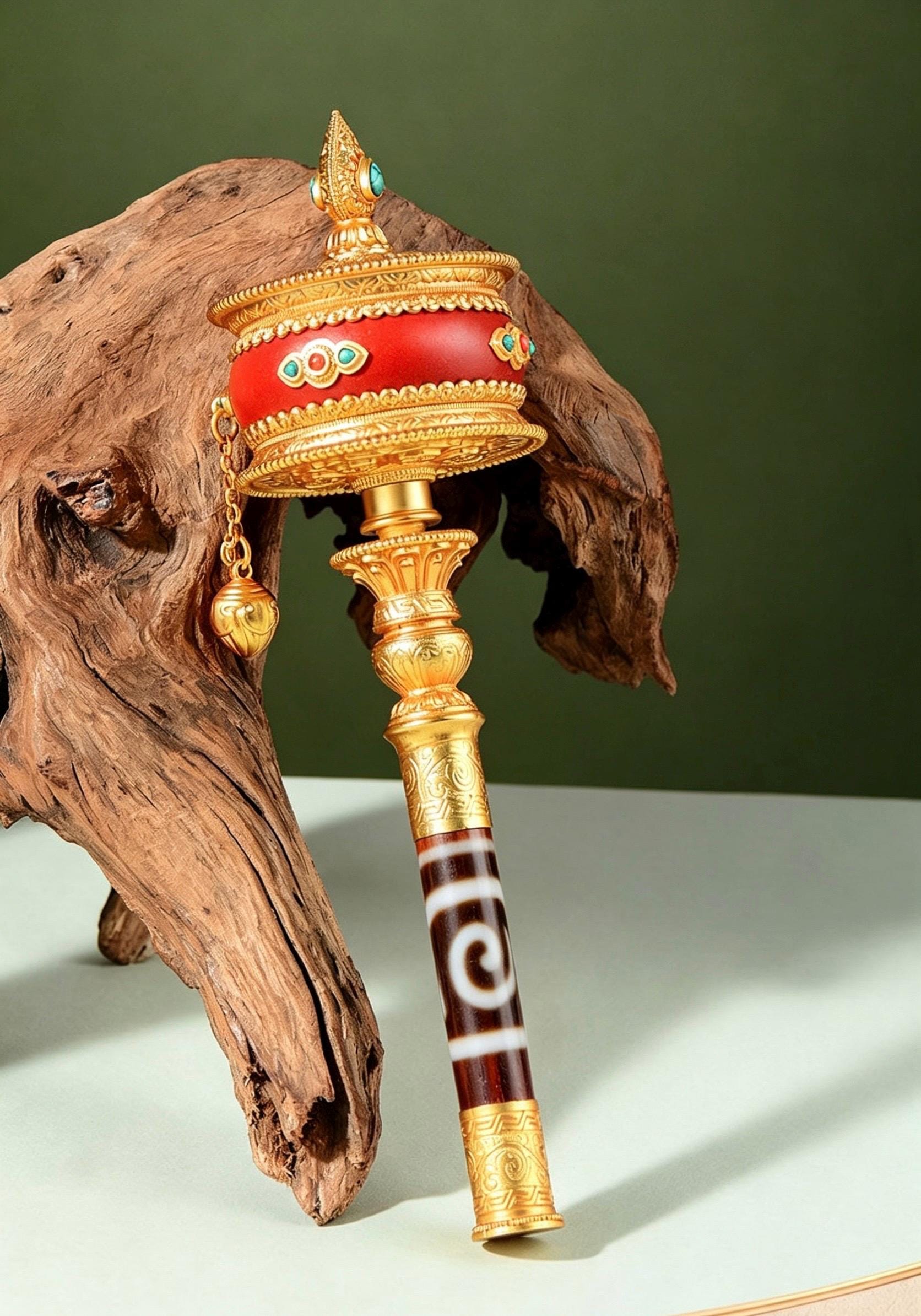 Tibetan Prayer Wheel Handheld Dzi Bead Mani Wheel Buddhist Meditation Red Leather Hand Cranked Prayer Roller Tabletop Altar Decor