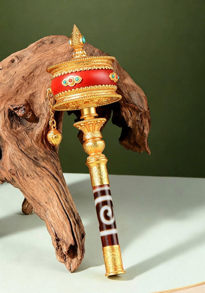 Tibetan Prayer Wheel Handheld Dzi Bead Mani Wheel Buddhist Meditation Red Leather Hand Cranked Prayer Roller Tabletop Altar Decor