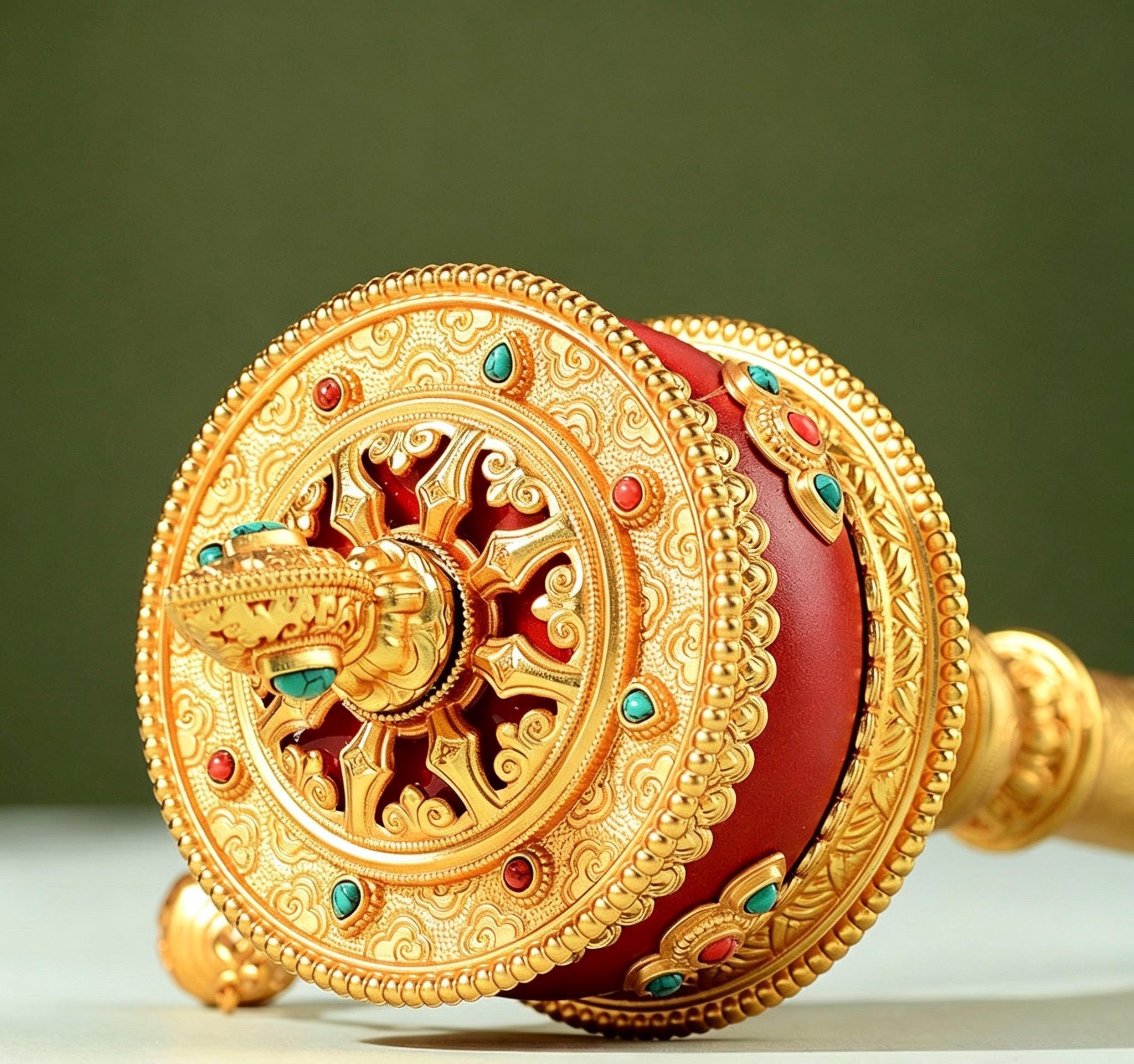 Tibetan Prayer Wheel Handheld Dzi Bead Mani Wheel Buddhist Meditation Red Leather Hand Cranked Prayer Roller Tabletop Altar Decor