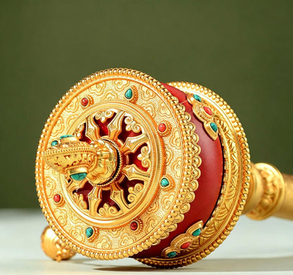 Tibetan Prayer Wheel Handheld Dzi Bead Mani Wheel Buddhist Meditation Red Leather Hand Cranked Prayer Roller Tabletop Altar Decor
