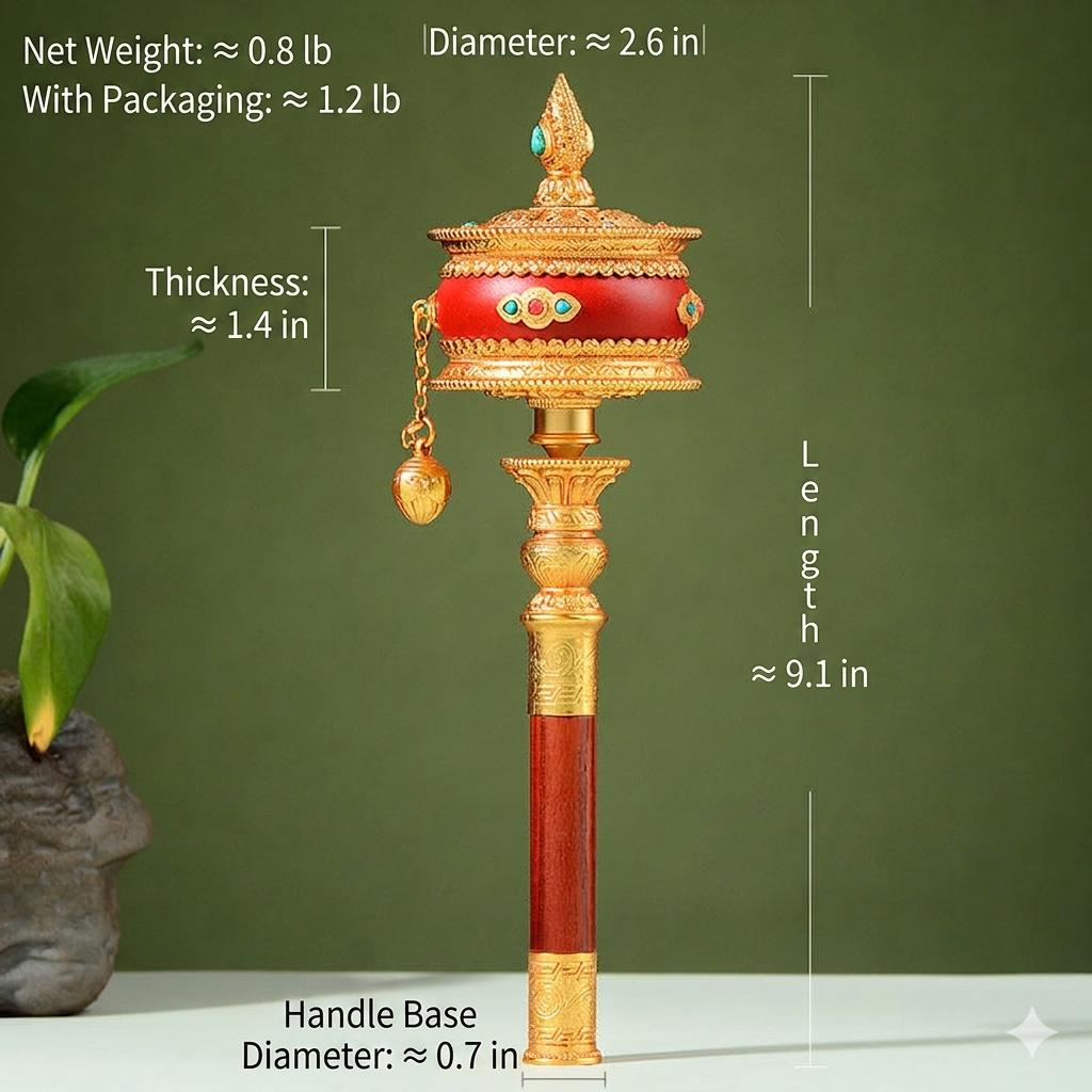 Tibetan Prayer Wheel Handheld Dzi Bead Mani Wheel Buddhist Meditation Red Leather Hand Cranked Prayer Roller Tabletop Altar Decor