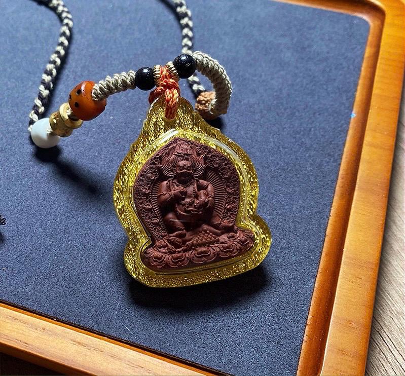 Black Jambhala Medicine Tsa Tsa Pendant, Tibetan Buddhism Gau Box Necklace, Mini Thangka Amulet, Kubera God of Wealth, Spiritual Monk Gift