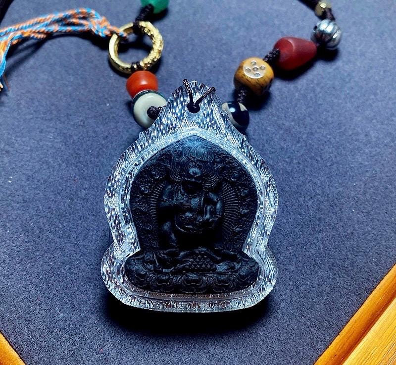 Black Jambhala Medicine Tsa Tsa Pendant, Tibetan Buddhism Gau Box Necklace, Mini Thangka Amulet, Kubera God of Wealth, Spiritual Monk Gift