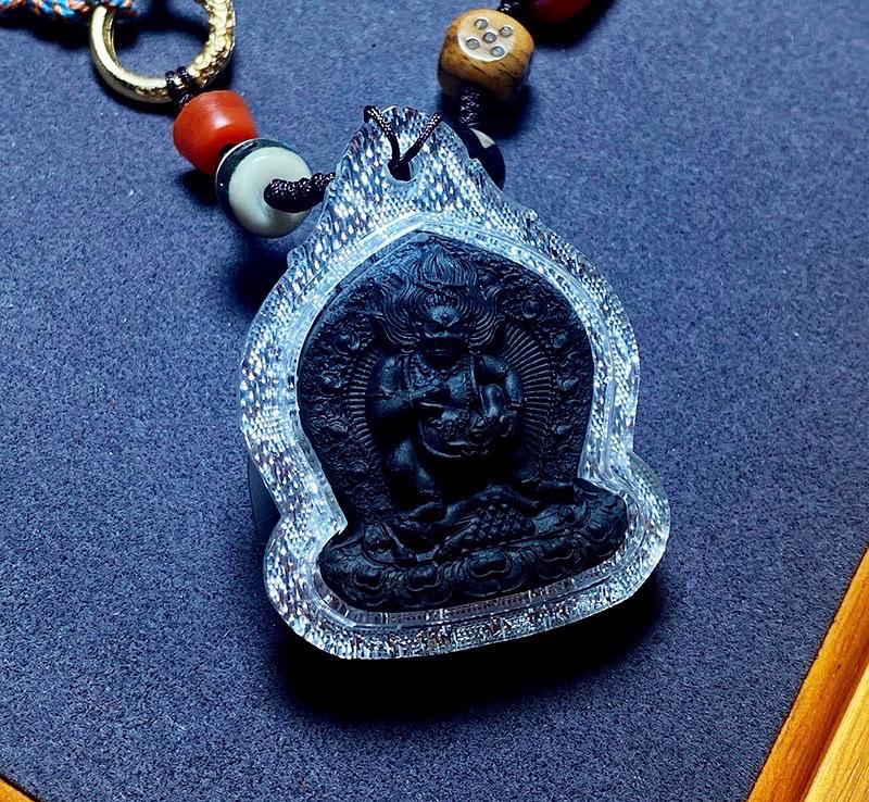Black Jambhala Medicine Tsa Tsa Pendant, Tibetan Buddhism Gau Box Necklace, Mini Thangka Amulet, Kubera God of Wealth, Spiritual Monk Gift