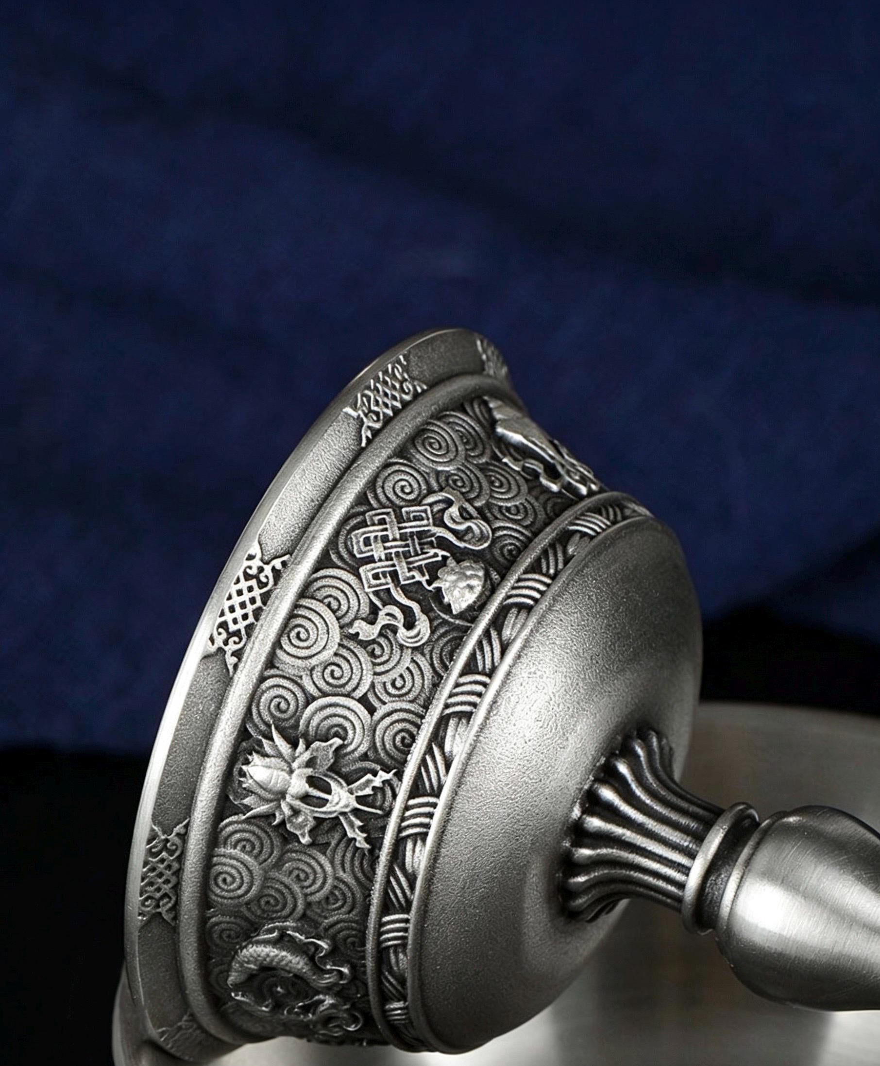 Tibetan Pewter Offering Bowl with 8 Auspicious Symbols, Buddhist Altar Ritual Cup, Footed Holy Water Chalice, Spiritual Meditation Decor