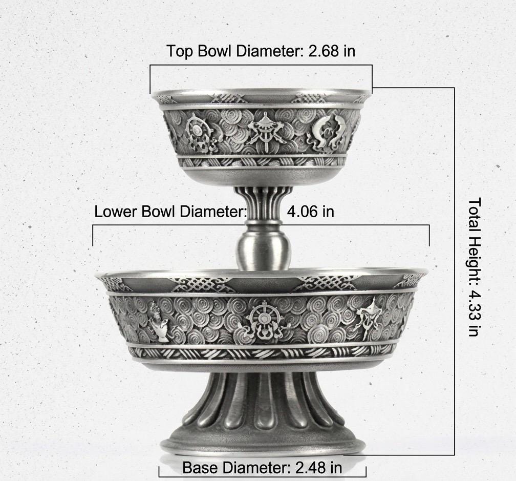 Tibetan Pewter Offering Bowl with 8 Auspicious Symbols, Buddhist Altar Ritual Cup, Footed Holy Water Chalice, Spiritual Meditation Decor