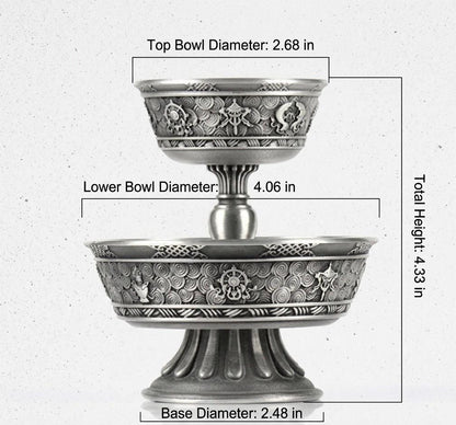 Tibetan Pewter Offering Bowl with 8 Auspicious Symbols, Buddhist Altar Ritual Cup, Footed Holy Water Chalice, Spiritual Meditation Decor