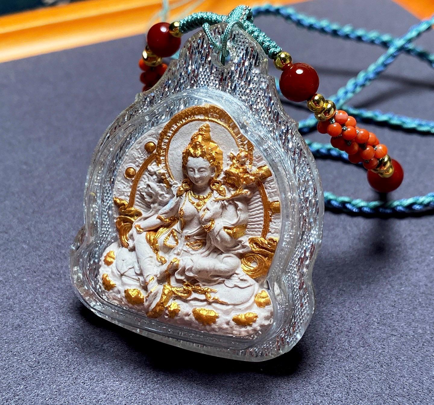 Green Tara Tibetan Tsa Tsa Pendant, Hand-Painted Incense Ash Amulet, Buddhist Spiritual Necklace, Thangka Style Jewelry, Protection Gift