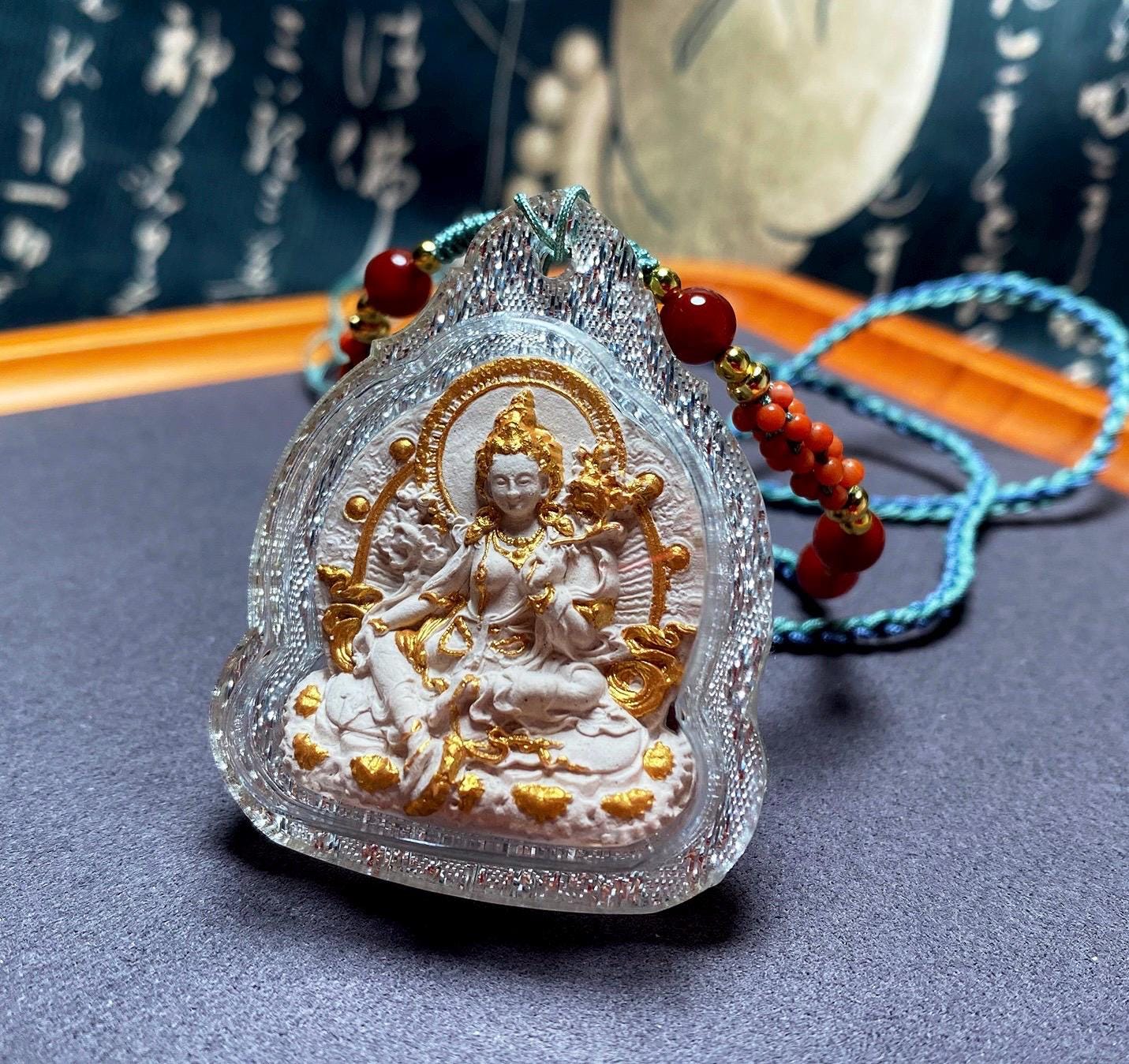 Green Tara Tibetan Tsa Tsa Pendant, Hand-Painted Incense Ash Amulet, Buddhist Spiritual Necklace, Thangka Style Jewelry, Protection Gift