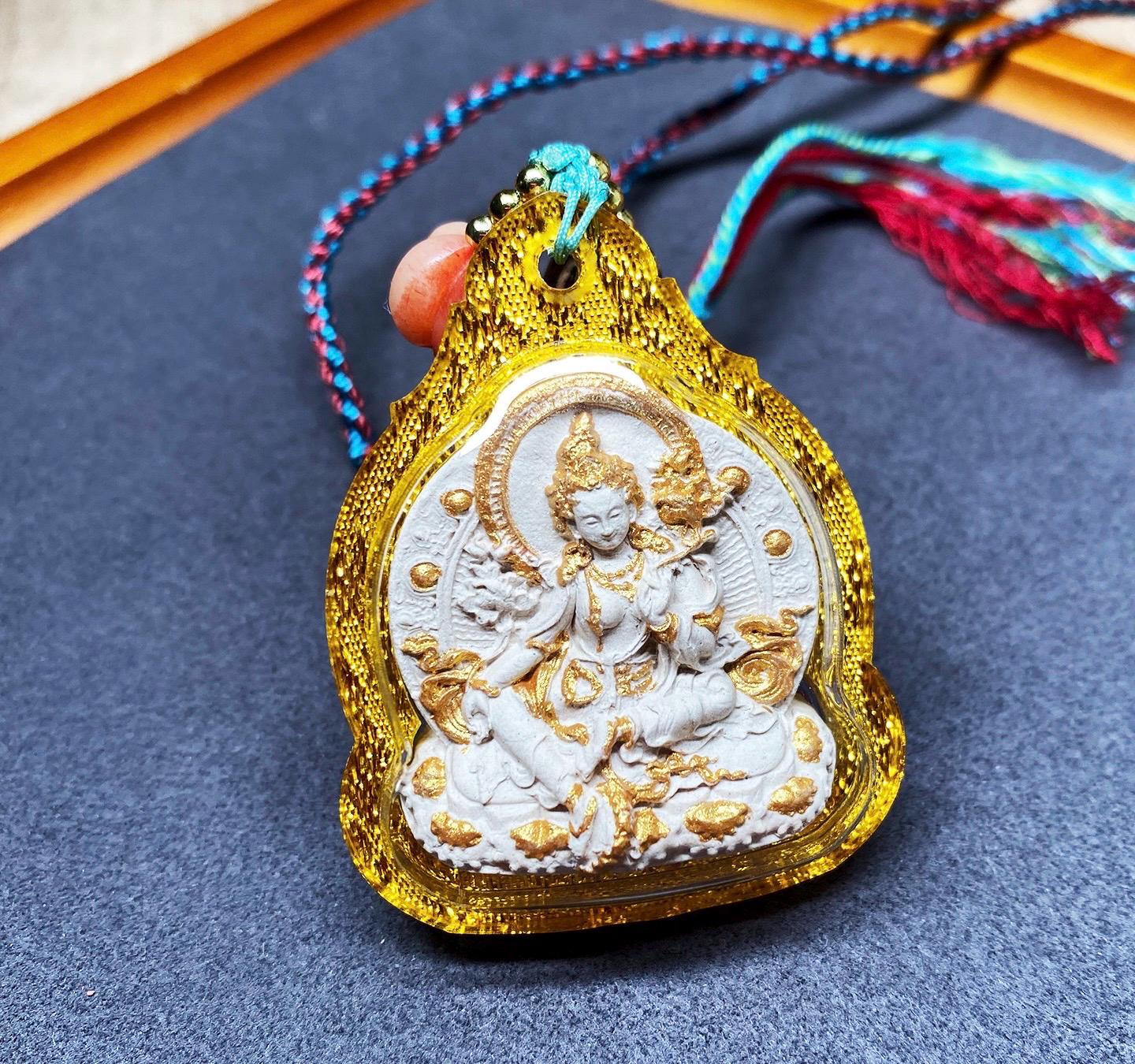 Green Tara Tibetan Tsa Tsa Pendant, Hand-Painted Incense Ash Amulet, Buddhist Spiritual Necklace, Thangka Style Jewelry, Protection Gift