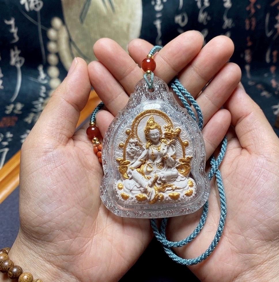 Green Tara Tibetan Tsa Tsa Pendant, Hand-Painted Incense Ash Amulet, Buddhist Spiritual Necklace, Thangka Style Jewelry, Protection Gift