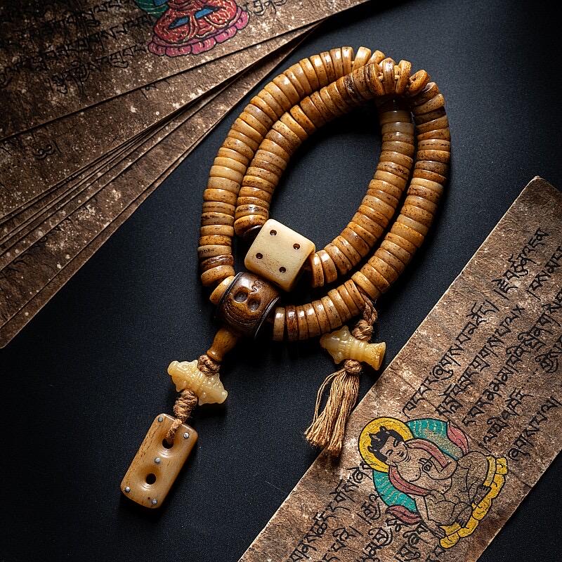 Tibetan Yak Bone Mala 108 Prayer Beads Antique Buddhist Rosary Vintage Yak Bone Bracelet Meditation Mala Healing Spirit Beads Boho