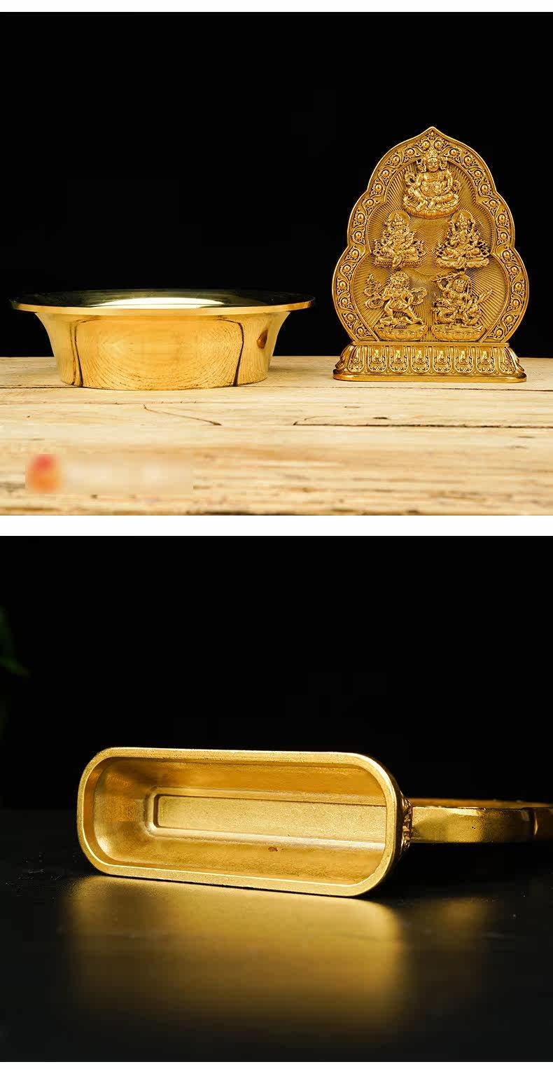 Five Wealth Gods Brass Offering Bowl Set, Buddhist Water Cups for Altar, Yellow Jambhala Puja Supplies, Zen Home Decor, Feng Shui Gift