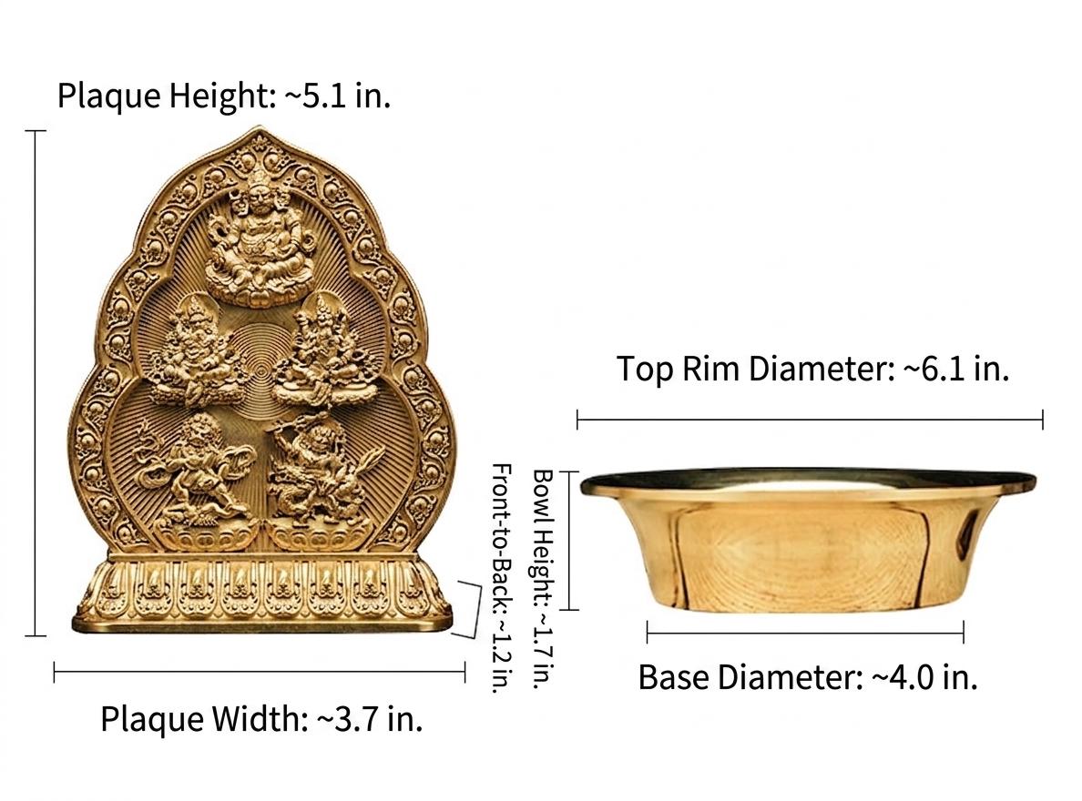Five Wealth Gods Brass Offering Bowl Set, Buddhist Water Cups for Altar, Yellow Jambhala Puja Supplies, Zen Home Decor, Feng Shui Gift