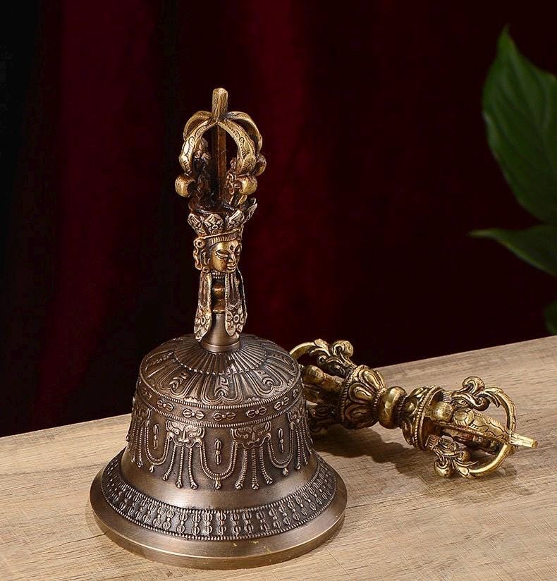 100% Handmade Brass Vajra and Bell Set from Nepal, Hand-Carved Five-Pronged Dorje, Tibetan Buddhist Ritual Ghanta, Modern Home Decor, Zen
