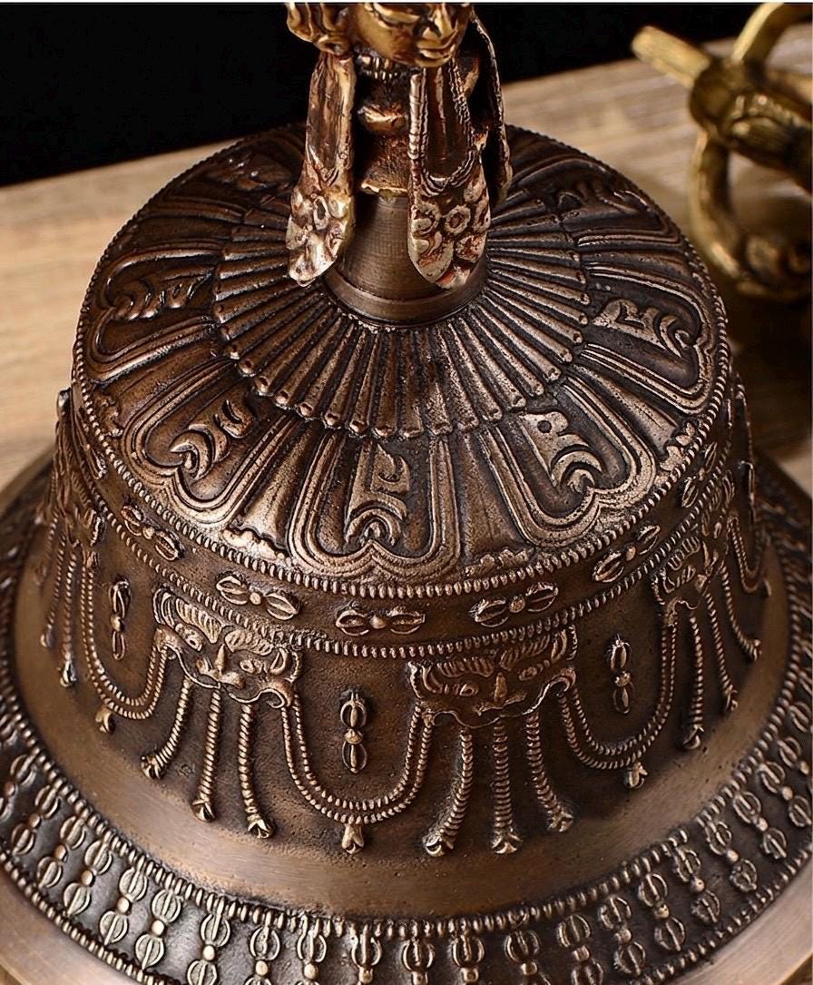 100% Handmade Brass Vajra and Bell Set from Nepal, Hand-Carved Five-Pronged Dorje, Tibetan Buddhist Ritual Ghanta, Modern Home Decor, Zen