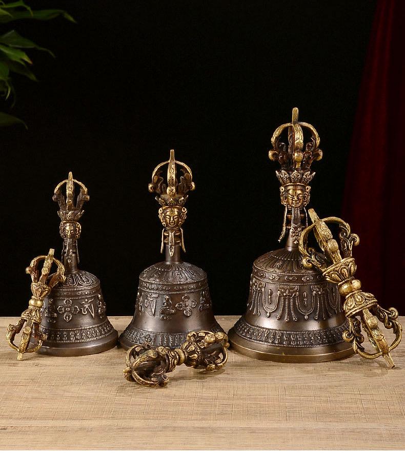 100% Handmade Brass Vajra and Bell Set from Nepal, Hand-Carved Five-Pronged Dorje, Tibetan Buddhist Ritual Ghanta, Modern Home Decor, Zen