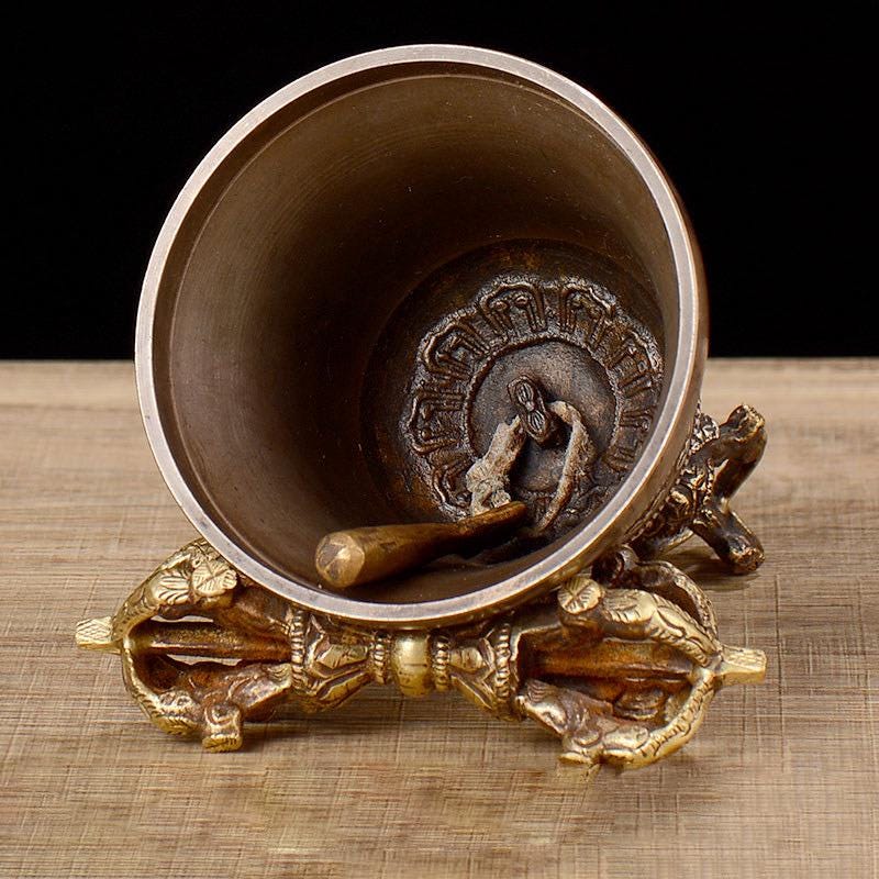 100% Handmade Brass Vajra and Bell Set from Nepal, Hand-Carved Five-Pronged Dorje, Tibetan Buddhist Ritual Ghanta, Modern Home Decor, Zen