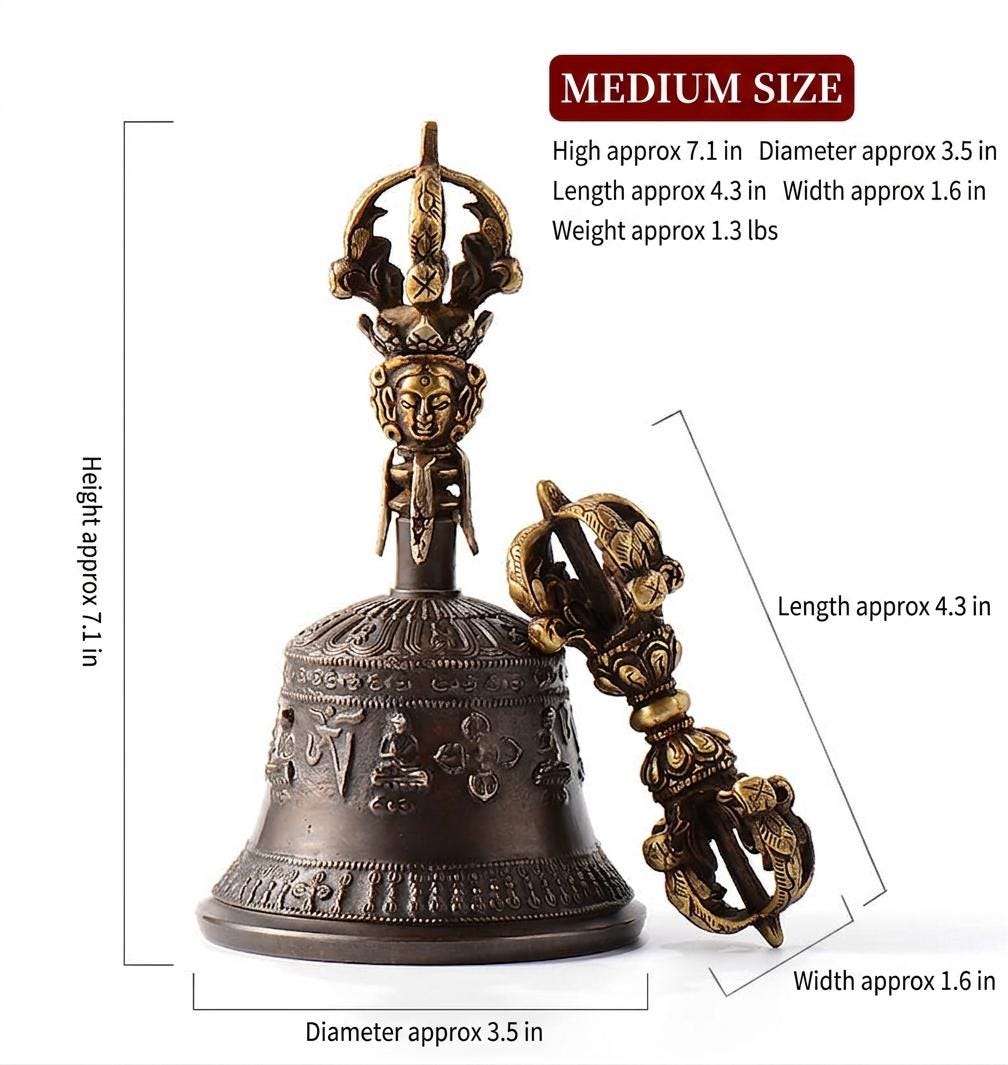100% Handmade Brass Vajra and Bell Set from Nepal, Hand-Carved Five-Pronged Dorje, Tibetan Buddhist Ritual Ghanta, Modern Home Decor, Zen