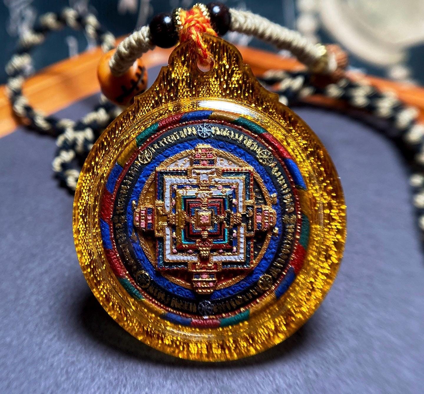 Handpainted Kalachakra Mandala Tibetan Tsatsa Pendant, Mineral Pigment Thangka Necklace, Medicinal Clay Buddhist Amulet,Spiritual Protection