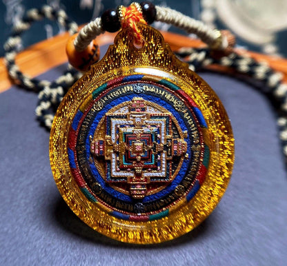 Handpainted Kalachakra Mandala Tibetan Tsatsa Pendant, Mineral Pigment Thangka Necklace, Medicinal Clay Buddhist Amulet,Spiritual Protection