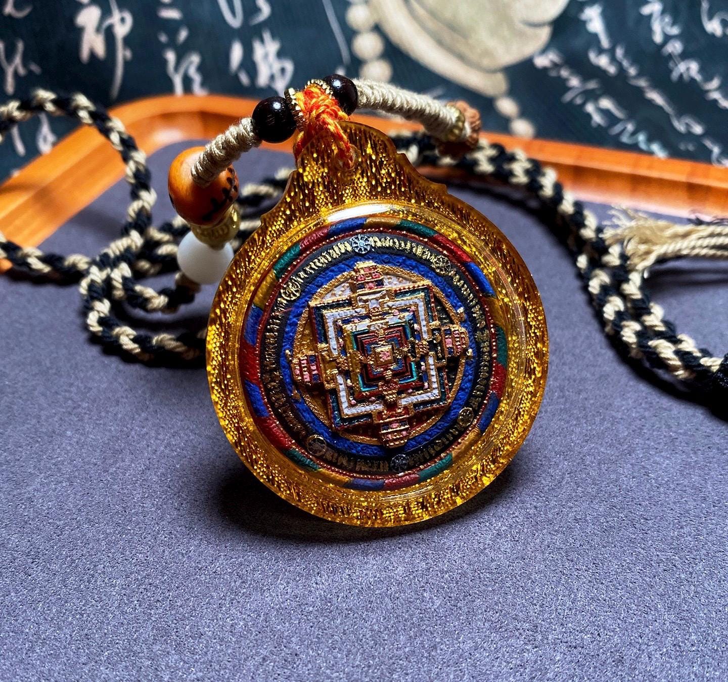 Handpainted Kalachakra Mandala Tibetan Tsatsa Pendant, Mineral Pigment Thangka Necklace, Medicinal Clay Buddhist Amulet,Spiritual Protection