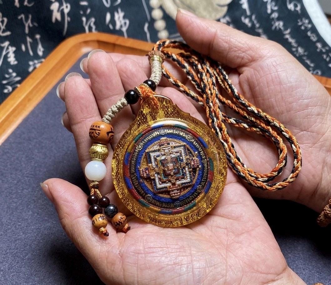 Handpainted Kalachakra Mandala Tibetan Tsatsa Pendant, Mineral Pigment Thangka Necklace, Medicinal Clay Buddhist Amulet,Spiritual Protection