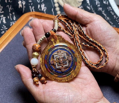 Handpainted Kalachakra Mandala Tibetan Tsatsa Pendant, Mineral Pigment Thangka Necklace, Medicinal Clay Buddhist Amulet,Spiritual Protection