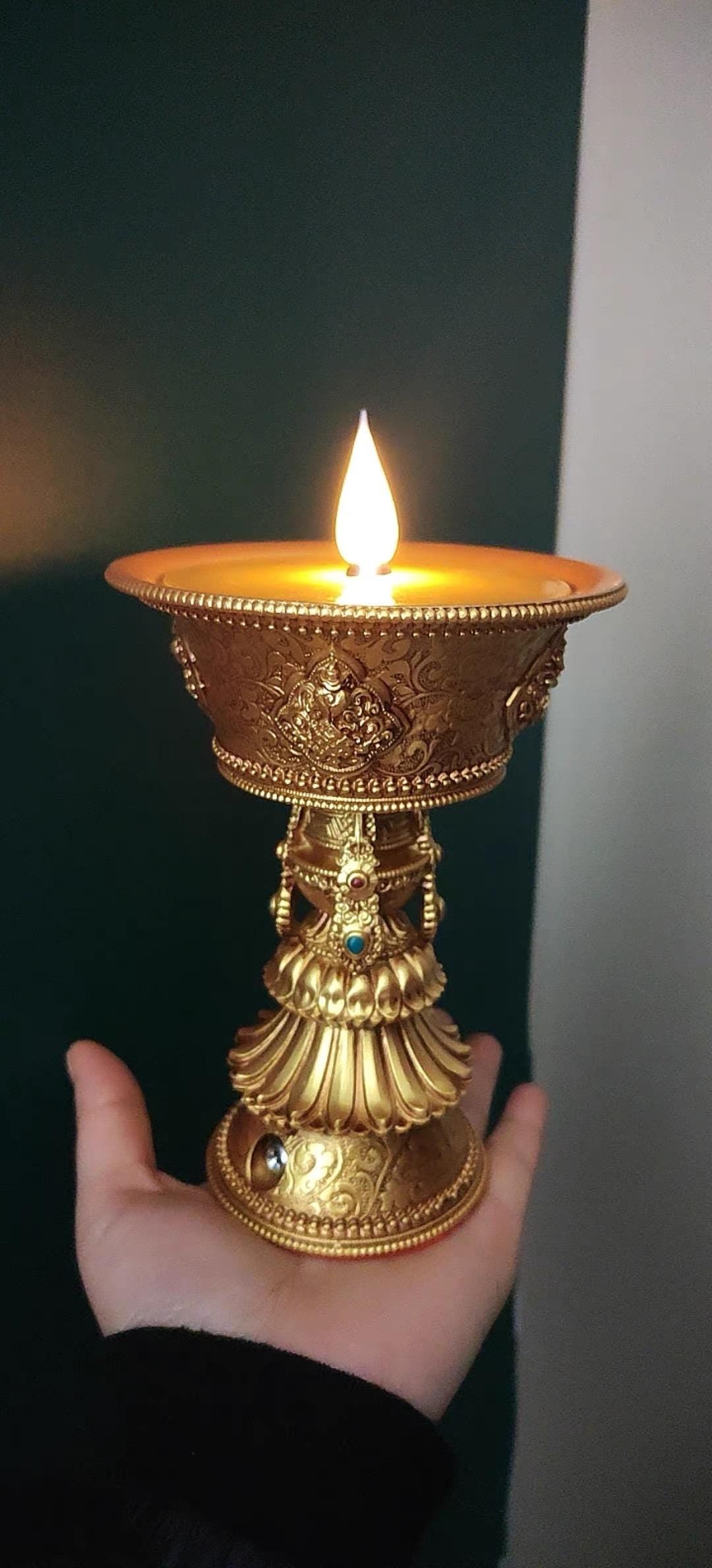 Electric Butter Lamp with LED Flame, 8 Auspicious Symbols Buddhist Offering Light, Rechargeable & Plugin Lotus Candle Holder for Home Altar
