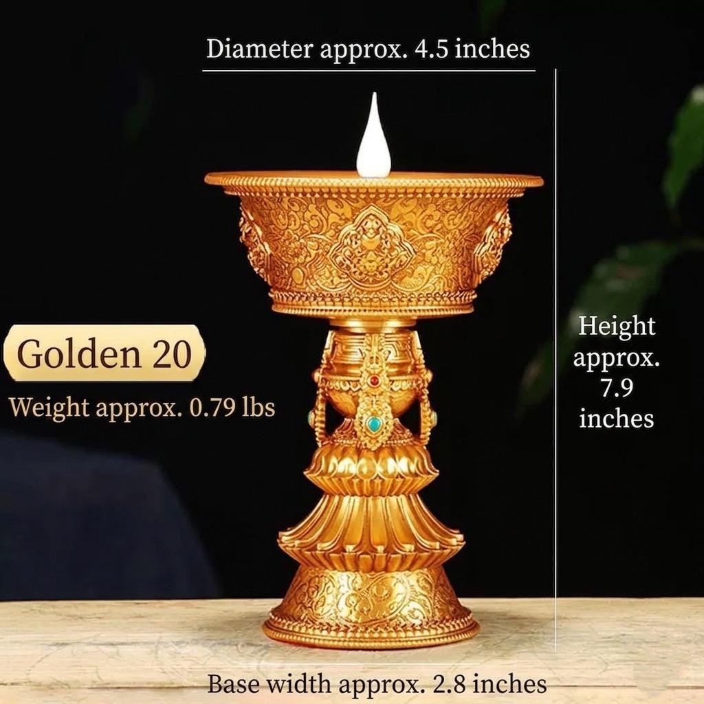 Electric Butter Lamp with LED Flame, 8 Auspicious Symbols Buddhist Offering Light, Rechargeable & Plugin Lotus Candle Holder for Home Altar