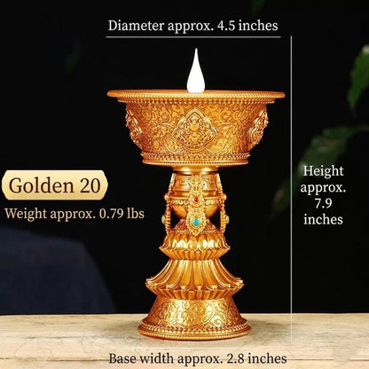 Electric Butter Lamp with LED Flame, 8 Auspicious Symbols Buddhist Offering Light, Rechargeable & Plugin Lotus Candle Holder for Home Altar