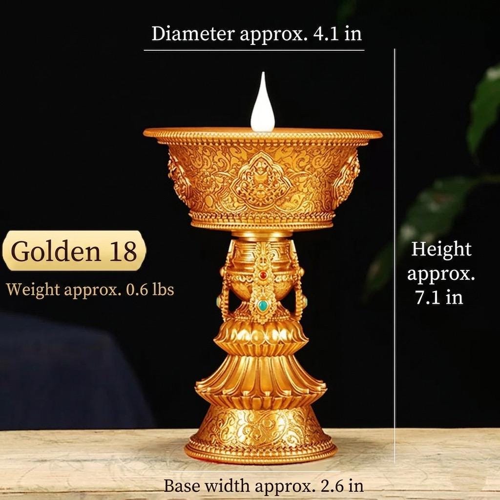 Electric Butter Lamp with LED Flame, 8 Auspicious Symbols Buddhist Offering Light, Rechargeable & Plugin Lotus Candle Holder for Home Altar