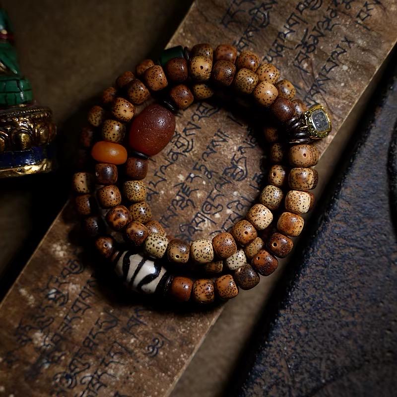 Star & Moon Bodhi Seed Wrap Bracelet | Handmade Buddhist Mala Bracelet | Multi Wrap Meditation Bracelet with Dzi Beads