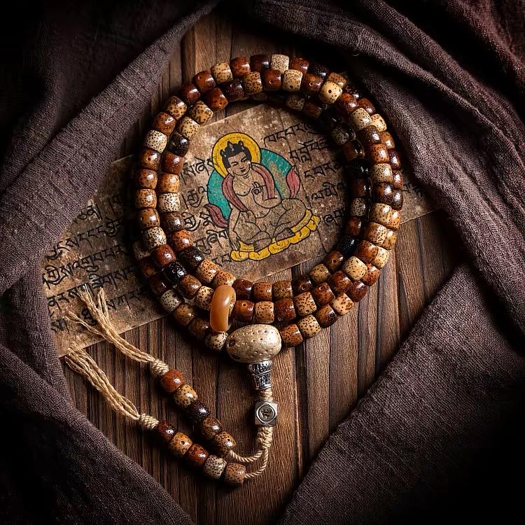 Aged Star & Moon Bodhi Seed Mala 108 Beads | Handmade Buddhist Prayer Beads | Meditation Necklace Wrap Bracelet