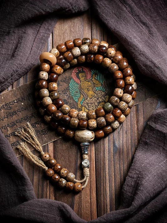 Aged Star & Moon Bodhi Seed Mala 108 Beads | Handmade Buddhist Prayer Beads | Meditation Necklace Wrap Bracelet