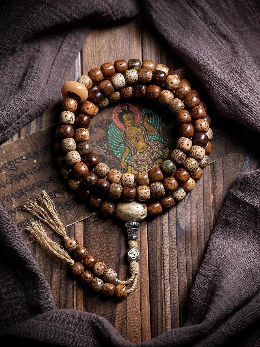 Aged Star & Moon Bodhi Seed Mala 108 Beads | Handmade Buddhist Prayer Beads | Meditation Necklace Wrap Bracelet