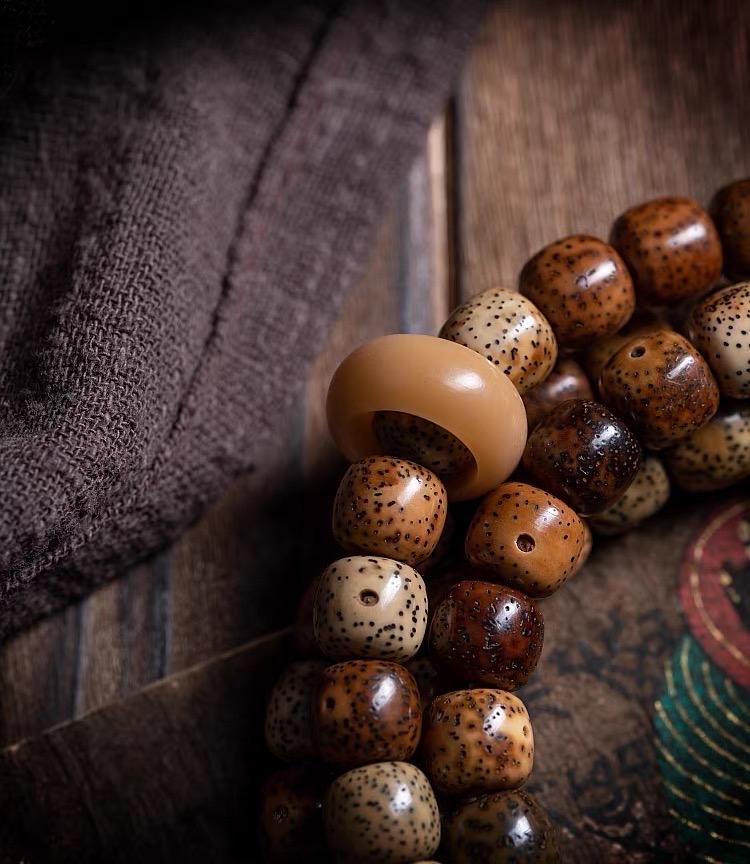 Aged Star & Moon Bodhi Seed Mala 108 Beads | Handmade Buddhist Prayer Beads | Meditation Necklace Wrap Bracelet