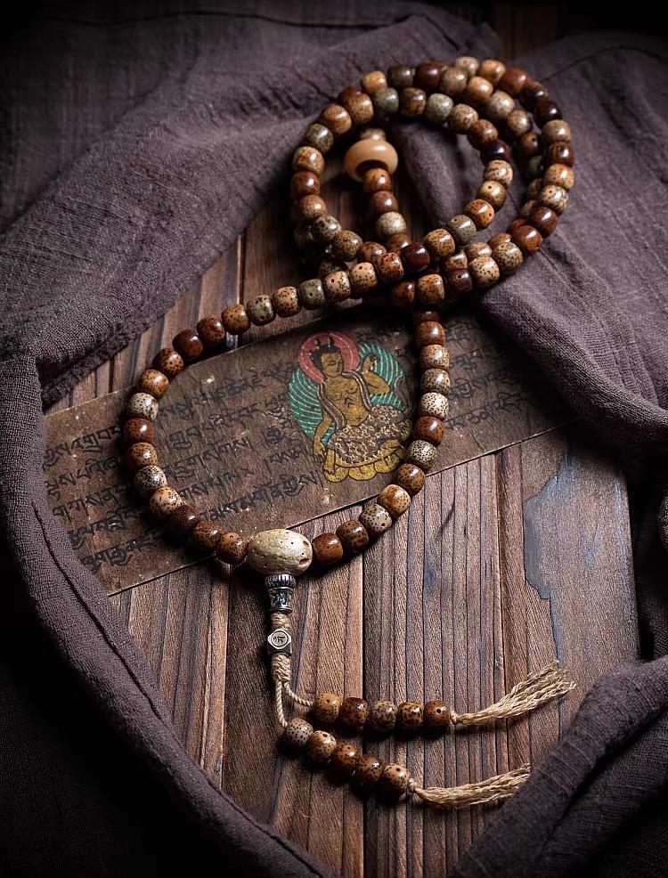 Aged Star & Moon Bodhi Seed Mala 108 Beads | Handmade Buddhist Prayer Beads | Meditation Necklace Wrap Bracelet
