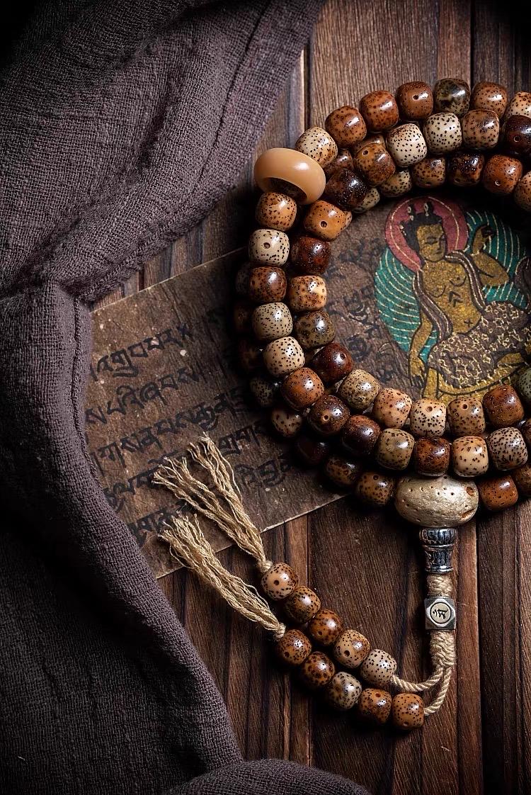 Aged Star & Moon Bodhi Seed Mala 108 Beads | Handmade Buddhist Prayer Beads | Meditation Necklace Wrap Bracelet