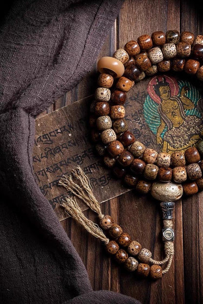 Aged Star & Moon Bodhi Seed Mala 108 Beads | Handmade Buddhist Prayer Beads | Meditation Necklace Wrap Bracelet