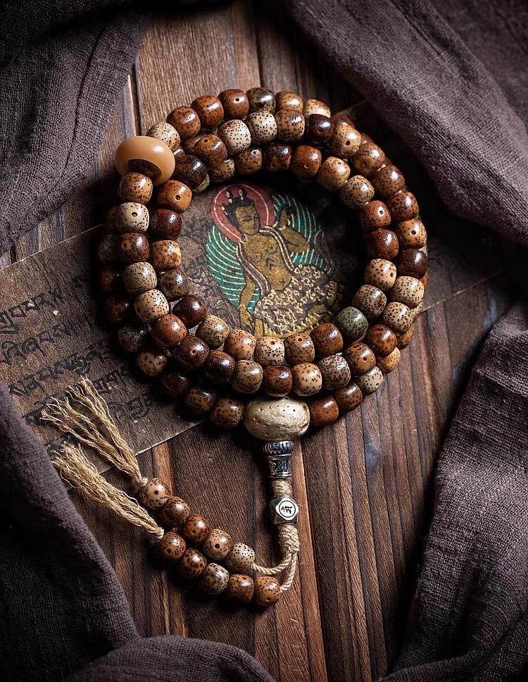 Aged Star & Moon Bodhi Seed Mala 108 Beads | Handmade Buddhist Prayer Beads | Meditation Necklace Wrap Bracelet