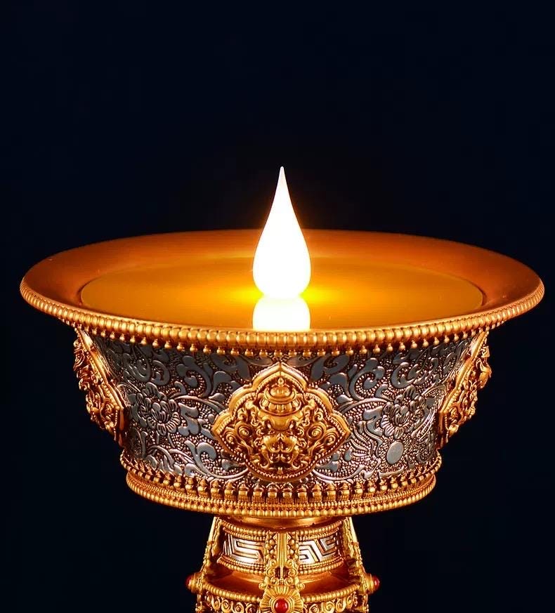 LED Ghee Lamp Holder 8 Auspicious Symbols, Rechargeable Plug-in Buddhist Altar Supplies, Electronic Candle Holder for Buddha