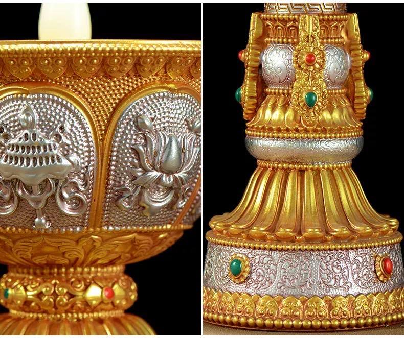 LED Ghee Lamp Holder 8 Auspicious Symbols, Rechargeable Plug-in Buddhist Altar Supplies, Electronic Candle Holder for Buddha