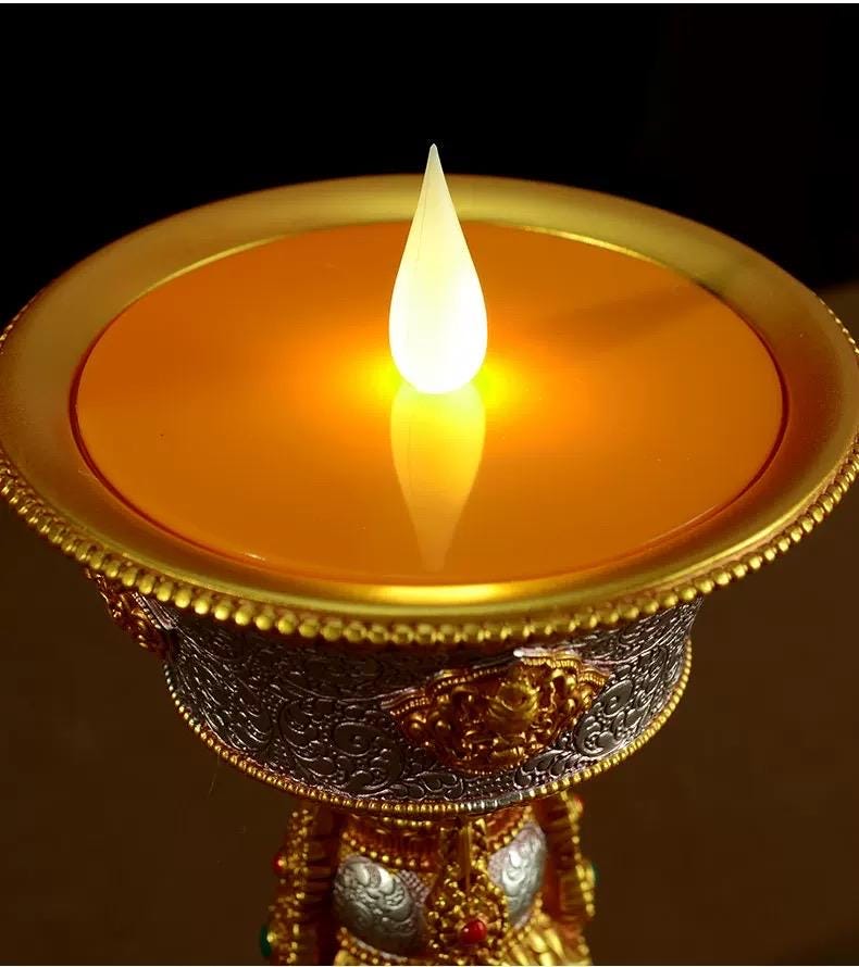 LED Ghee Lamp Holder 8 Auspicious Symbols, Rechargeable Plug-in Buddhist Altar Supplies, Electronic Candle Holder for Buddha