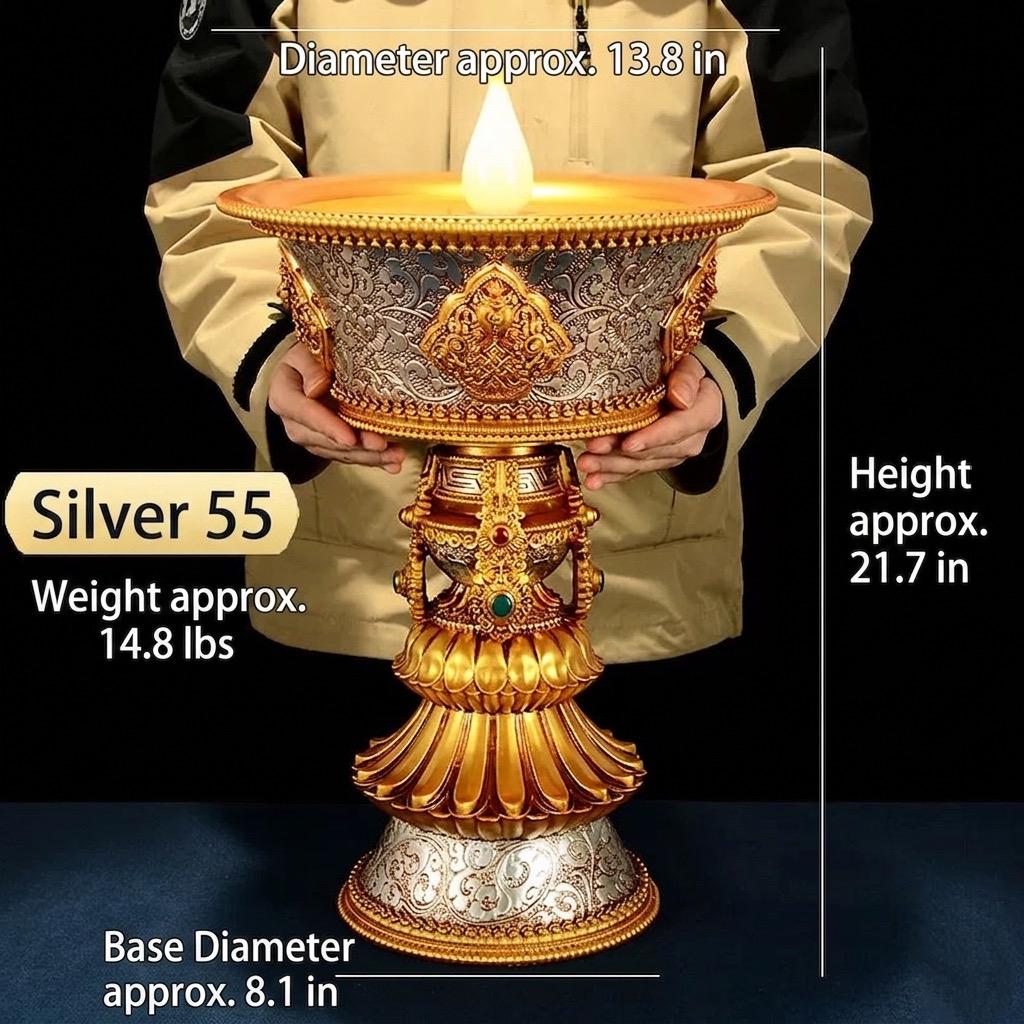 LED Ghee Lamp Holder 8 Auspicious Symbols, Rechargeable Plug-in Buddhist Altar Supplies, Electronic Candle Holder for Buddha