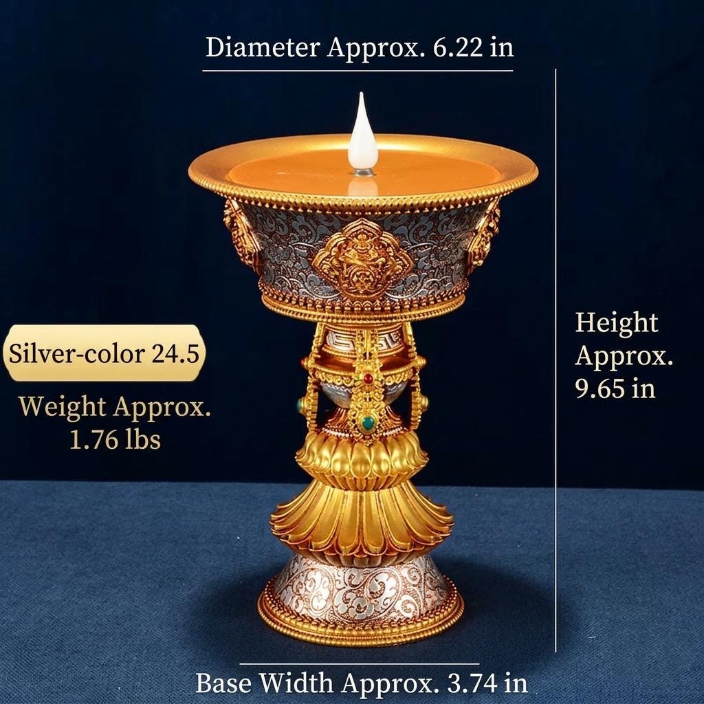 LED Ghee Lamp Holder 8 Auspicious Symbols, Rechargeable Plug-in Buddhist Altar Supplies, Electronic Candle Holder for Buddha