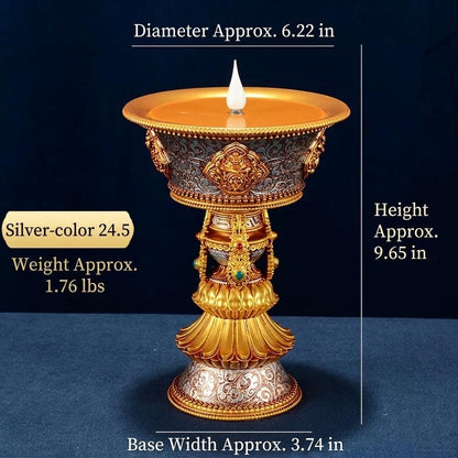 LED Ghee Lamp Holder 8 Auspicious Symbols, Rechargeable Plug-in Buddhist Altar Supplies, Electronic Candle Holder for Buddha