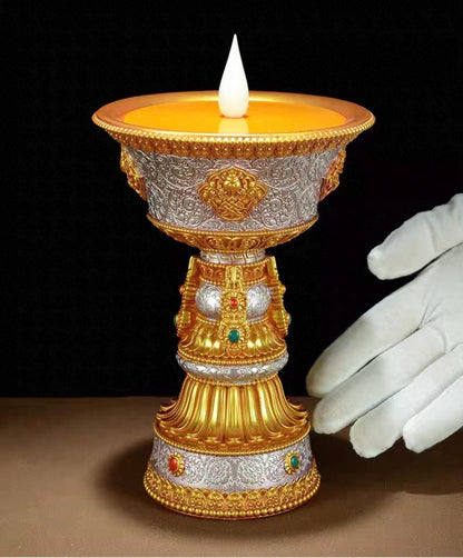 LED Ghee Lamp Holder, Rechargeable Electric Buddha Light, Eight Auspicious Buddhist Candle Holder, Zen Altar Decor, Mindfulness Gift