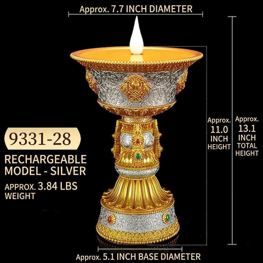 LED Ghee Lamp Holder, Rechargeable Electric Buddha Light, Eight Auspicious Buddhist Candle Holder, Zen Altar Decor, Mindfulness Gift